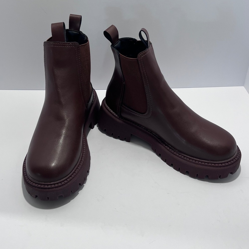 Womens Burgundy Brown Chunky Lug Sole Chelsea Boots Ankle Platform Size 40